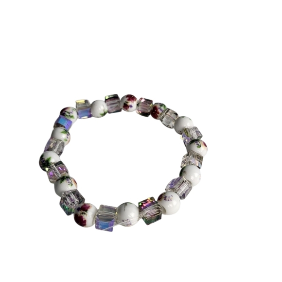 Sparkling Crystal Cubic Transparent Peony Floral Ceramic Stretch Bracelet - Picture 3 of 6